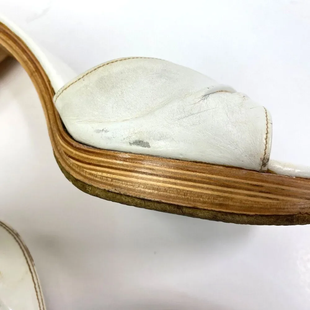 Vintage Made In Japan White Slip-On Heel Shoes 8.5 Open Toe Wood Lounge Resort